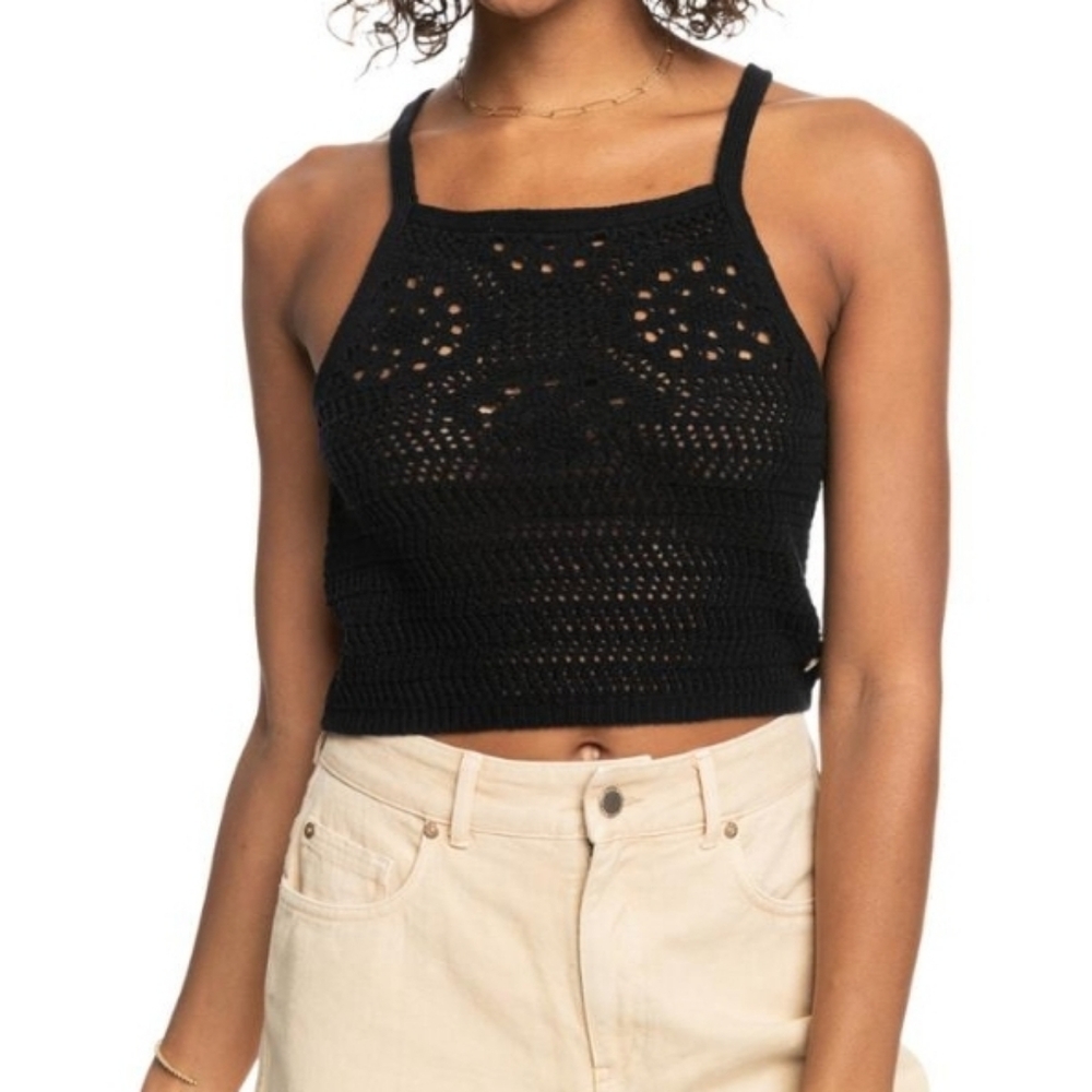 Roxy Malibu Crush Pointelle Cropped Halter Tank, Black Crochet, Racerback, EUC!